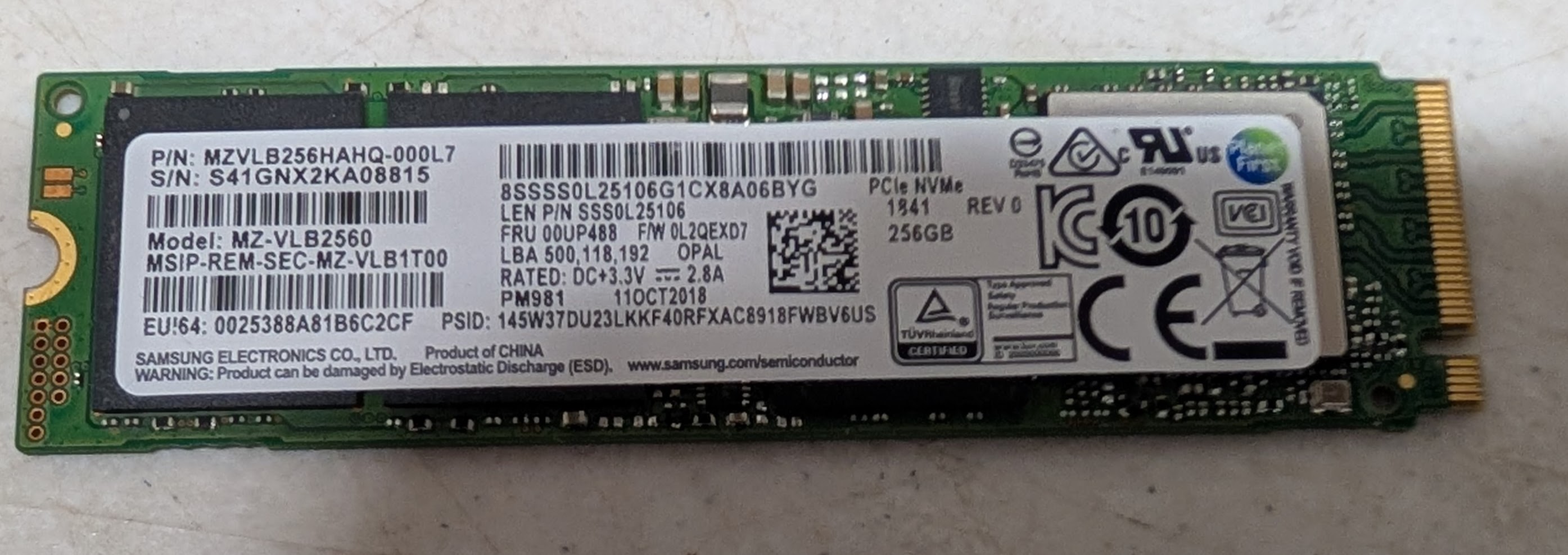 Samsung PM981 256GB M.2 2280 PCle Internal NVMe SSD