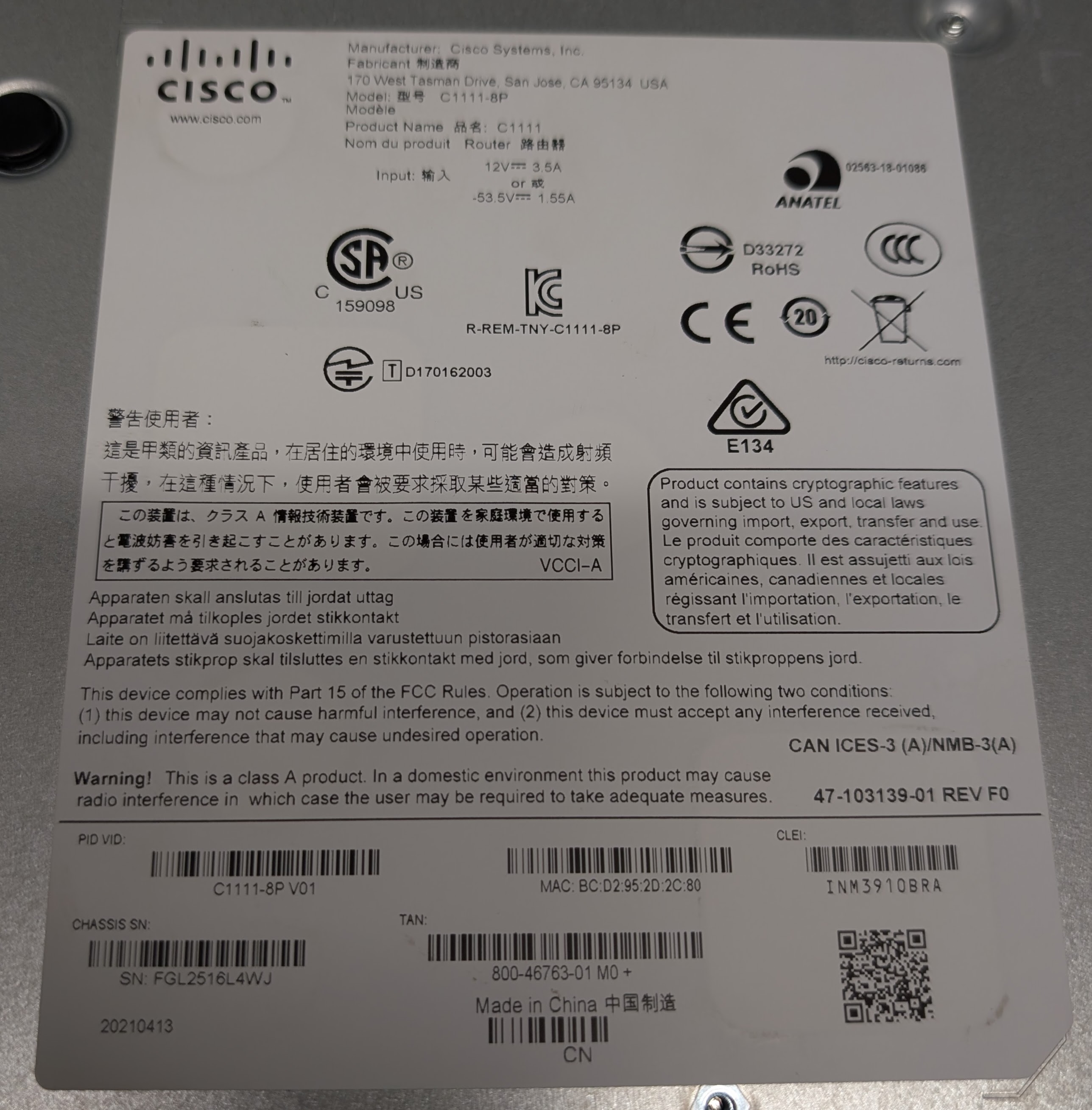CISCO ISR 1100 Series C1111-8P INTEGRATED SERVICES ROUTER W/ ADAPTER